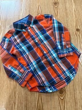 4/$20 Children's Orange & Blue Plaid Button-Up Shirt Cuffed Sleeves Cotton Blend